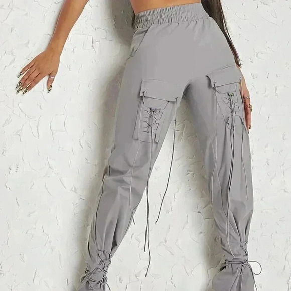 Grey Casual Womens Flap Pocket Side Drawstring Hem Cargo Pants - Picture 2 of 5